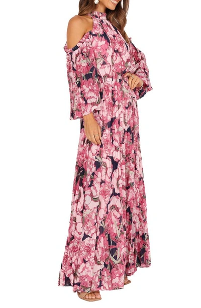Petal And Pup Hilary Floral Cold Shoulder Long Sleeve Maxi Dress In Pink Floral