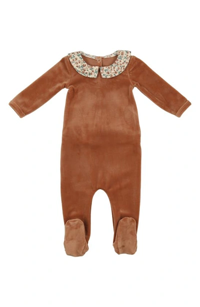 Maniere Floral Collar Cotton Blend Velour Footie In Caramel