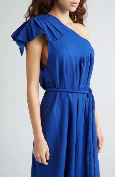 Shop Farm Rio Leaf One-shoulder Belted Linen Blend Midi Dress In Blue