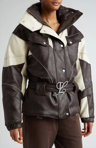 Shop Luar Belted Tech Faux Leather Puffer Jacket In Tri-color Mocha