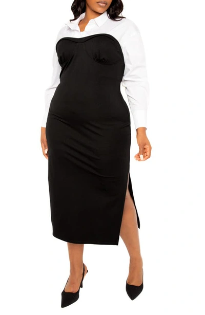 Shop Buxom Couture Contrast Long Sleeve Midi Shirtdress In Black