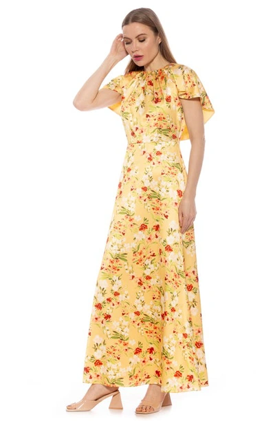 Shop Alexia Admor Danica Capelet Sleeve Satin Maxi Dress In Yellow Floral