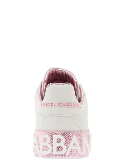 Shop Dolce & Gabbana 'portofino' White And Pink Low Top Sneakers With Logo In Leather Woman