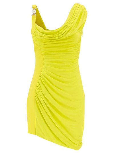 Shop Versace Yellow Draped Mini Dress With Medusa '95 Detail In Viscose Woman