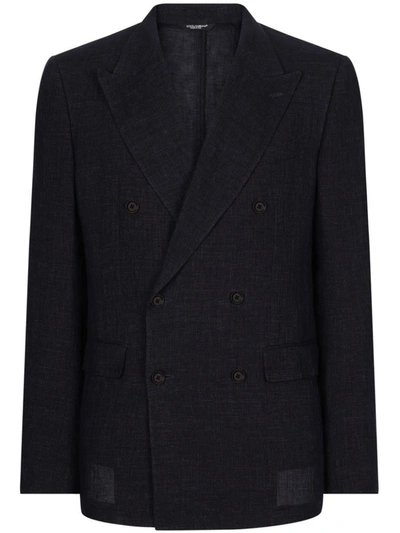Shop Dolce & Gabbana Linen Double-breasted Jacket In Blue