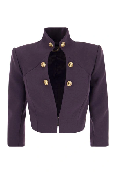 Shop Elisabetta Franchi Crepe Crop Jacket With Stand-up Collar In Plum