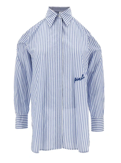 Shop Pinko Oversized Light Blue Striped Shirt With Logo Embroidery In Cotton Blend Woman