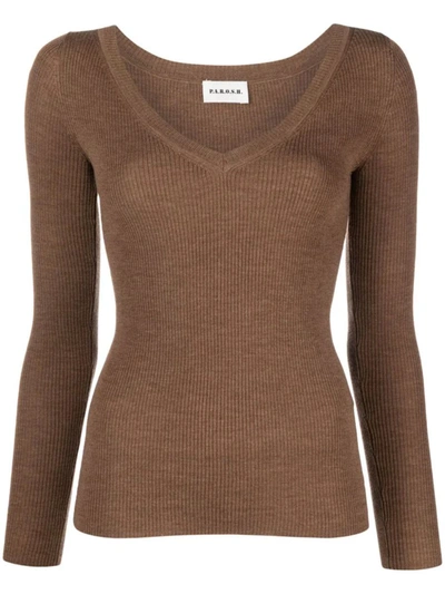 Shop P.a.r.o.s.h . V-neck Ribbed-knit Wool Jumper In Brown