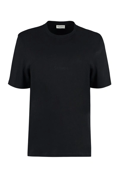 Shop Saint Laurent Logo Embroidery Cotton T-shirt In Black