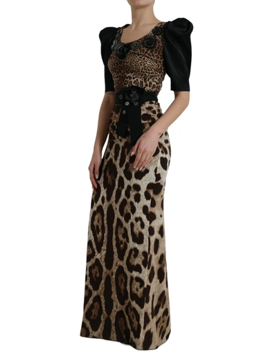 Shop Dolce & Gabbana Silk Leopard Embellished Long Women's Dress In Black And Brown