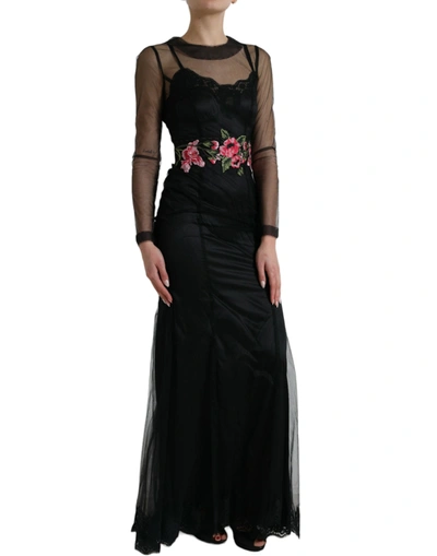 Shop Dolce & Gabbana Floral Embroidery Tulle Long Evening Women's Dress In Black