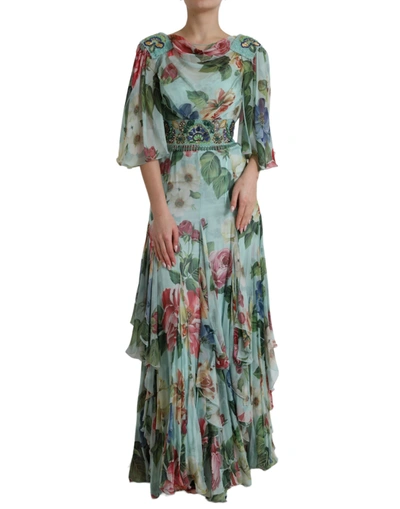 Shop Dolce & Gabbana Elegant Floral Silk Long Women's Dress In Blue