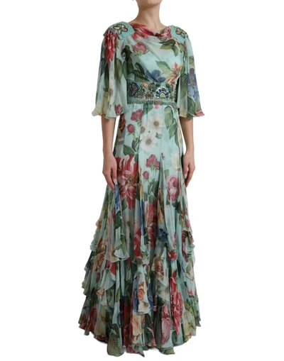 Shop Dolce & Gabbana Elegant Floral Silk Long Women's Dress In Blue