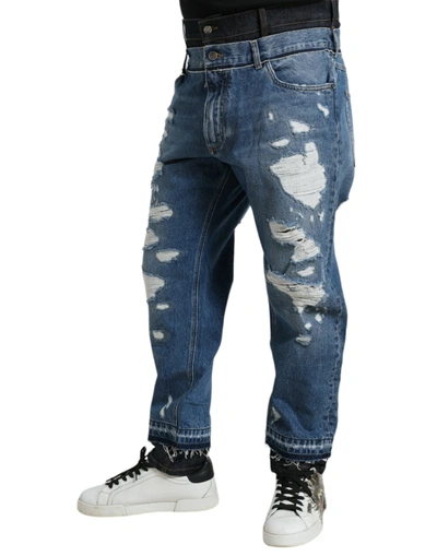 Dolce & Gabbana Blue Tattered Straight Cotton Denim Jeans In Blue