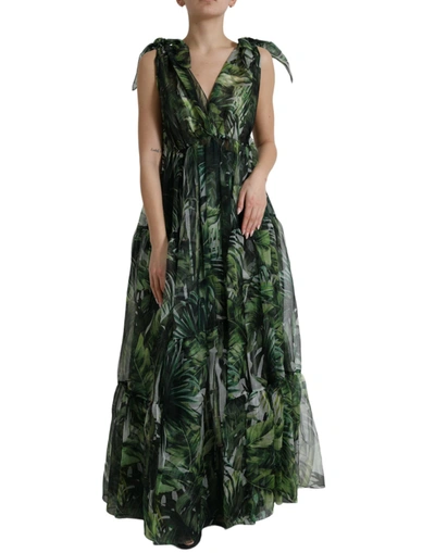 Shop Dolce & Gabbana Elegant Green Silk Maxi Dress With Flocked Leaf Women's Detail