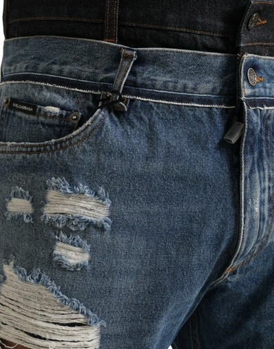 Dolce & Gabbana Blue Tattered Straight Cotton Denim Jeans In Blue