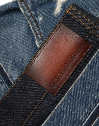 Dolce & Gabbana Blue Tattered Straight Cotton Denim Jeans In Blue