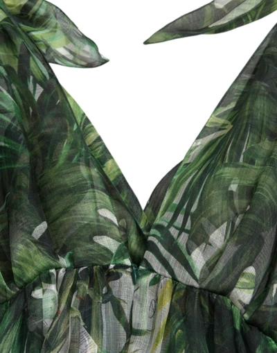 Shop Dolce & Gabbana Elegant Green Silk Maxi Dress With Flocked Leaf Women's Detail