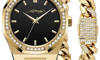 I Touch Ed Hardy Crystal Pavé Quartz Bracelet Watch, Rolo Chain Bracelet & Necklace Set In Gold