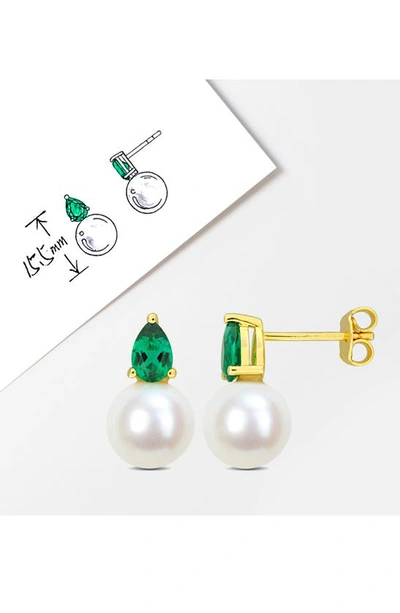 Delmar Lab Created Emerald & Freshwater Pearl Stud Earrings In Green