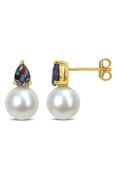 Shop Delmar Lab Created Alexandrite & Freshwater Pearl Stud Earrings In Green