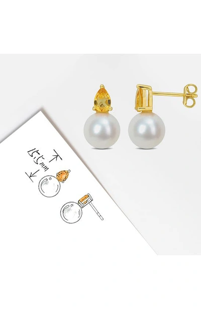 Delmar Pear Cut Citrine & 8.5–9mm Cultured Pearl Stud Earrings In Yellow