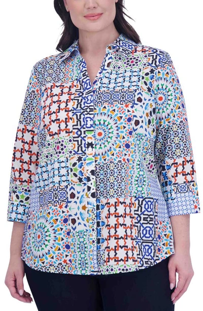 Shop Foxcroft Mary Intertwine Pattern Three-quarter Sleeve Poplin Button-up Top In Blue Multi Pattern