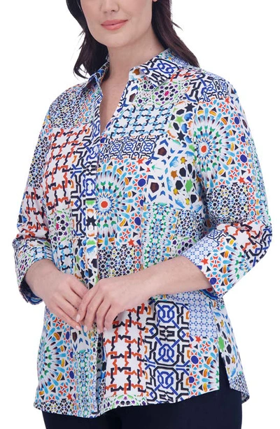 Shop Foxcroft Mary Intertwine Pattern Three-quarter Sleeve Poplin Button-up Top In Blue Multi Pattern