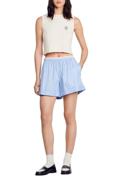 Shop Sandro Stripe Cuffed Cotton Shorts In Blue / White