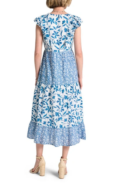 Shop Hatley Aria Mixed Print Tiered Midi Dress In White/blue