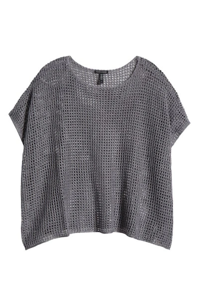 Shop Eileen Fisher Open Stitch Short Sleeve Organic Linen Sweater In Steel