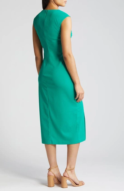 Shop Anne Klein Asymmetric Neck Side Ruched Midi Sheath Dress In Green Sprig