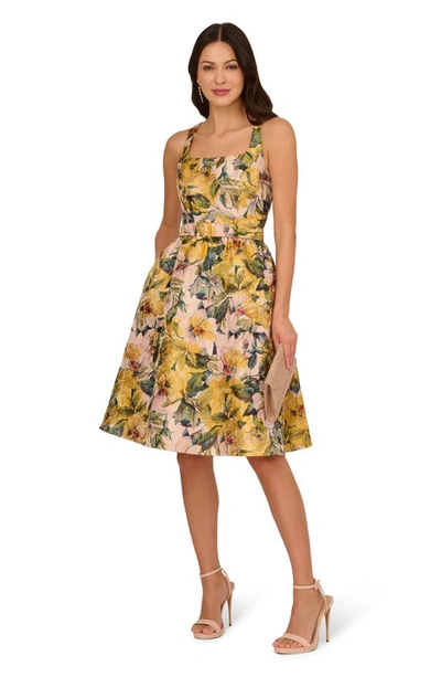 Shop Adrianna Papell Floral Jacquard A-line Dress In Yellow Multi