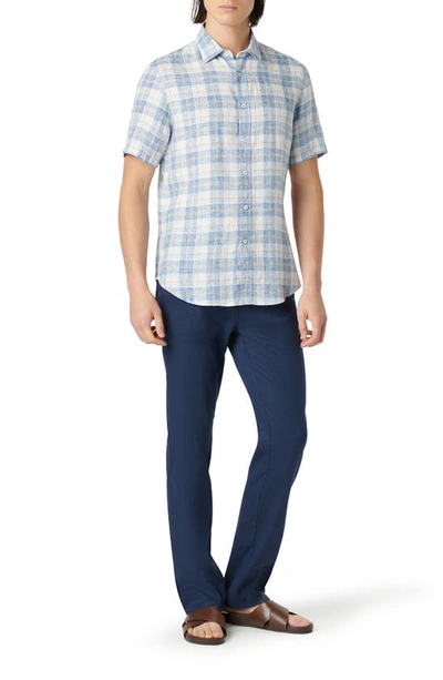 Bugatchi Orson Shaped Fit Short Sleeve Linen Button-up Shirt In Classic Blue