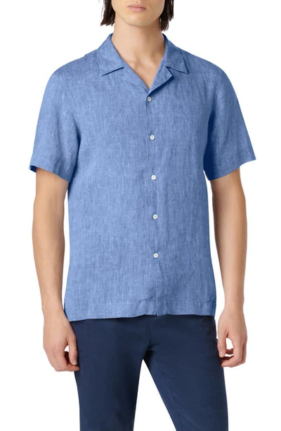 Shop Bugatchi Jackson Shaped Fit Linen Button-up Camp Shirt In Classic Blue
