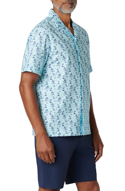 Bugatchi Cole Palm Tree Print Short Sleeve Button-up Camp Shirt In Aqua