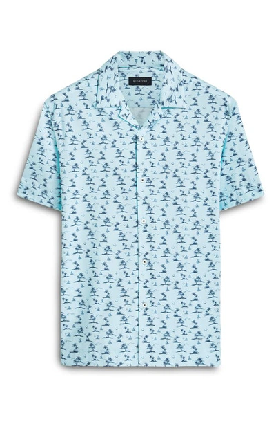 Bugatchi Cole Palm Tree Print Short Sleeve Button-up Camp Shirt In Aqua
