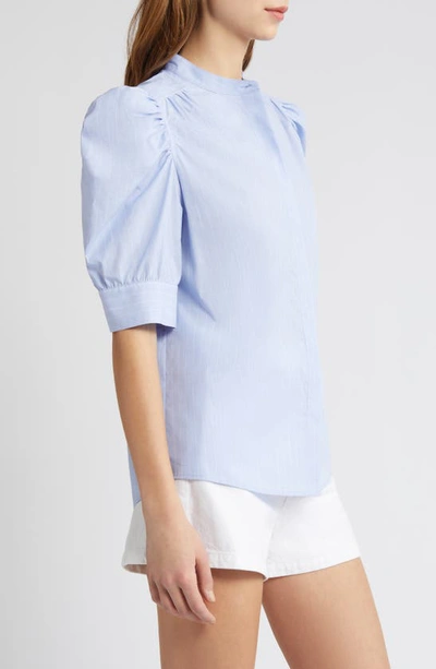 Shop Frame Stripe Puff Sleeve Cotton Button-up Shirt In Chambray Blue