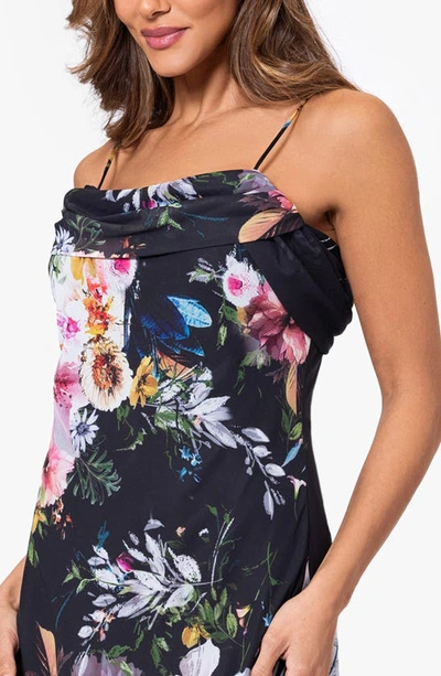 Shop Betsy & Adam Floral Print Cowl Neck Gown In Black/ Multi