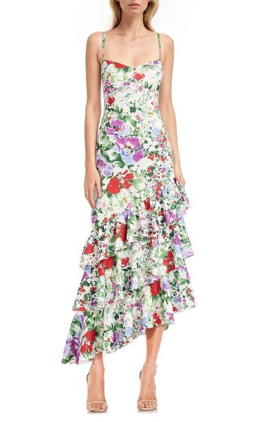 Shop Jewel Badgley Mischka Floral Ruffle Detail Asymmetric Midi Dress In Green Multi