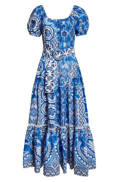 Shop Farm Rio Tile Dream Puff Sleeve Belted Cotton Maxi Dress In Tile Dream Multicolo