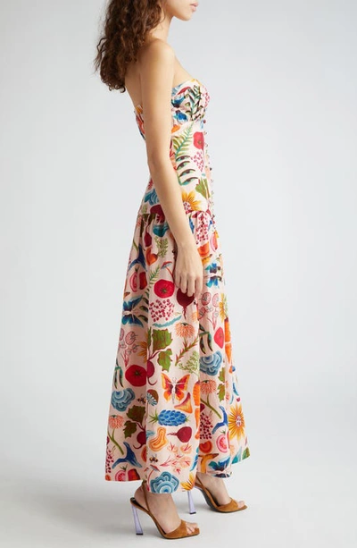 Shop Farm Rio Bright Farm Print Strapless Linen Blend Maxi Dress In Bright Farm Beige