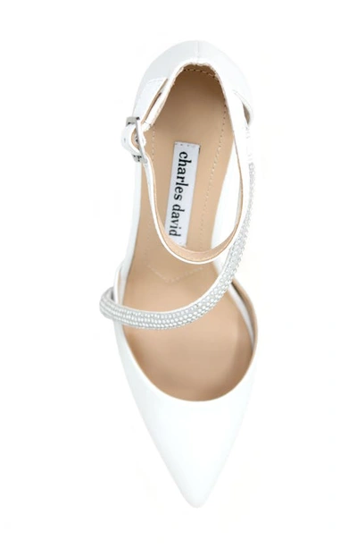 Shop Charles David Adorn Ankle Strap Pointed Toe Pump In White Leather W/ Rhinestones