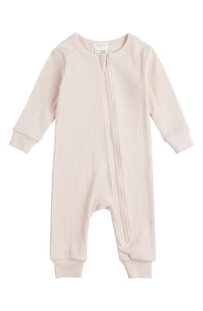 Shop Firsts By Petit Lem Organic Cotton & Modal Rib Fitted Pajama Romper In Pink Light