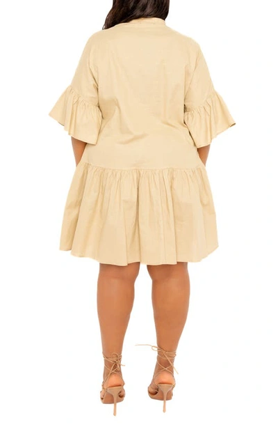 Shop Buxom Couture Flutter Sleeve Cotton & Linen Shift Dress In Beige