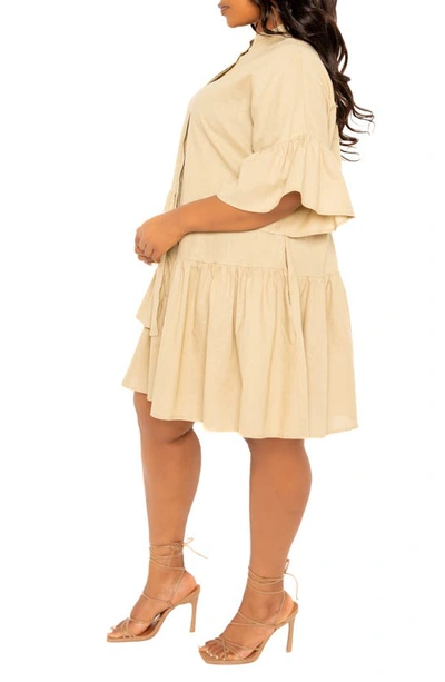 Shop Buxom Couture Flutter Sleeve Cotton & Linen Shift Dress In Beige