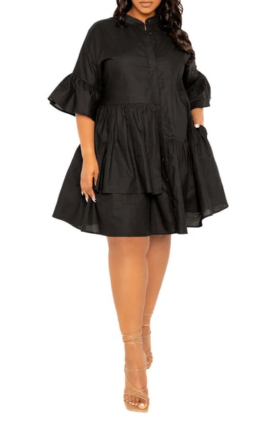 Shop Buxom Couture Flutter Sleeve Cotton & Linen Shift Dress In Black