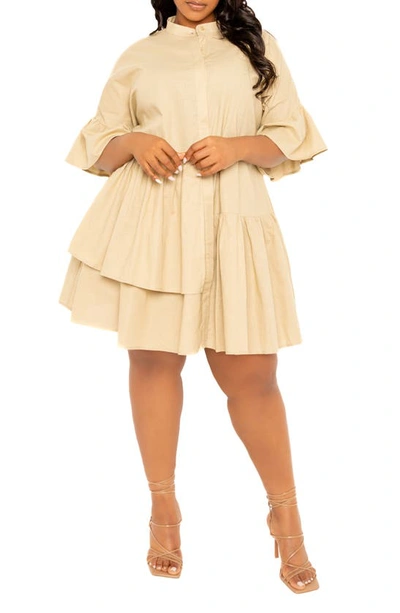 Shop Buxom Couture Flutter Sleeve Cotton & Linen Shift Dress In Beige
