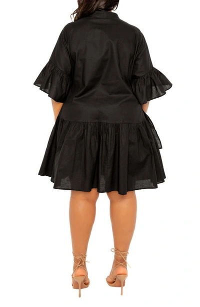Shop Buxom Couture Flutter Sleeve Cotton & Linen Shift Dress In Black