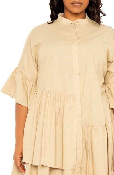 Shop Buxom Couture Flutter Sleeve Cotton & Linen Shift Dress In Beige